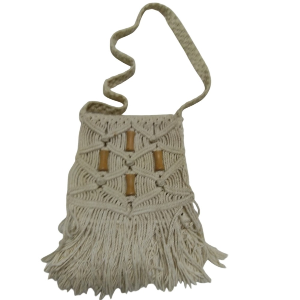 Vintage Boho Macrame Crossbody Bag Cream Cotton Wood Bead Fringe Festival Purse